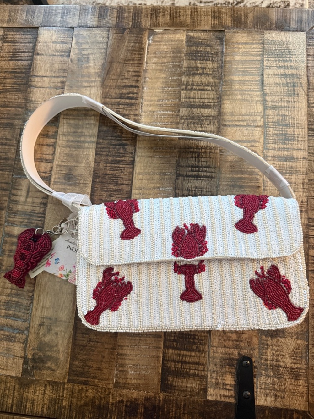 Viral Marshall’s Beaded White Shoulder Bag with Red Lobsters